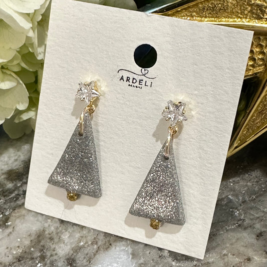 Handmade Polymer Clay Silver Triangle Tree CZ Star Post Dangle Earring