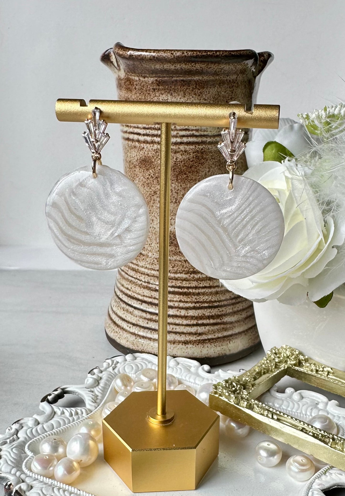 “Lily of the Valley” White Marble Polymer Clay Cubic Zirconia Gold Plated Post Earrings