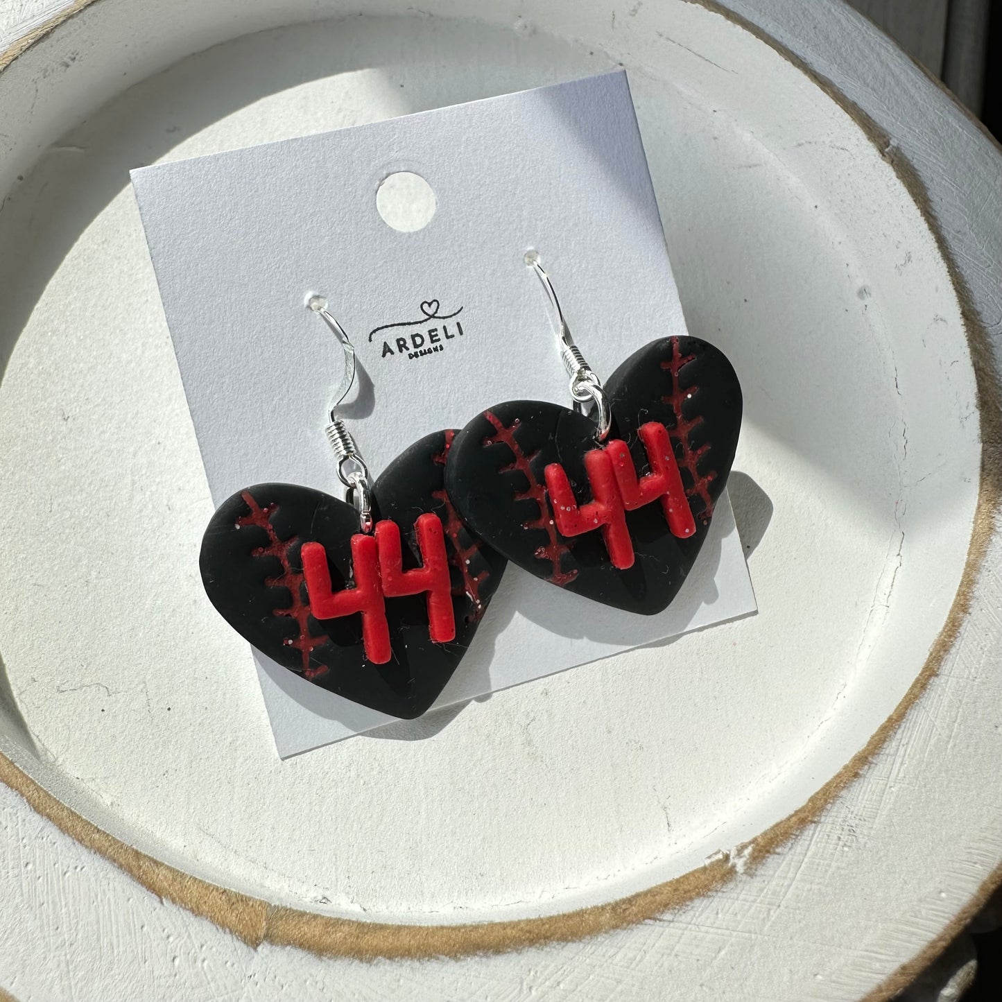“Play Ball” Fan of 44 Black Heart Baseball Dangle Earrings