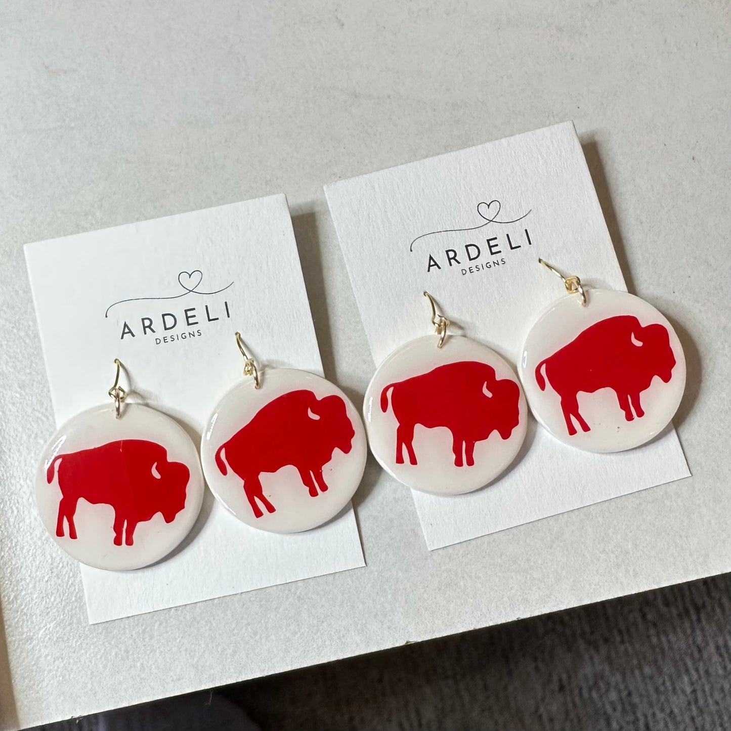 Handmade Polymer Clay Red Buffalo 1.4” Round Gold Hook Dangle Earrings