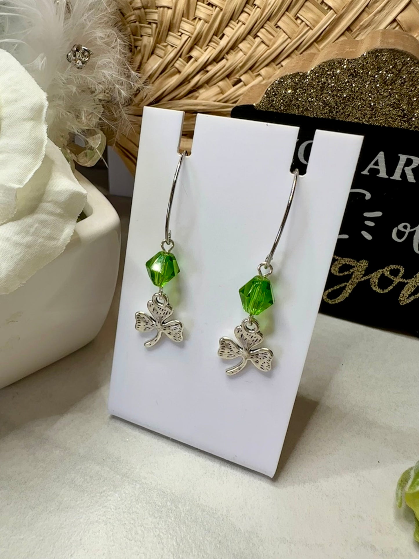“Lucky Charms” SP3LC224 Silver Plated Marquise Hook Shamrock Green Bicone Crystal Silver 3 Leaf Clover Earrings