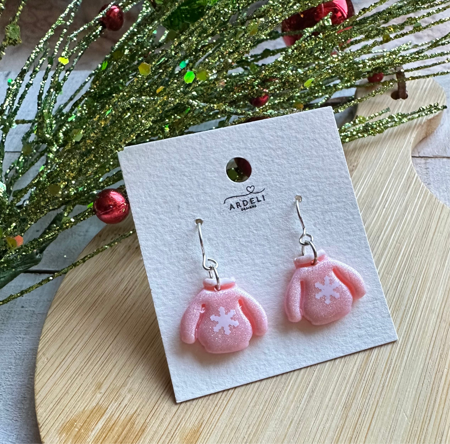 Handmade Polymer Clay Pink Ugly Sweater Silver Hook Dangle Earrings