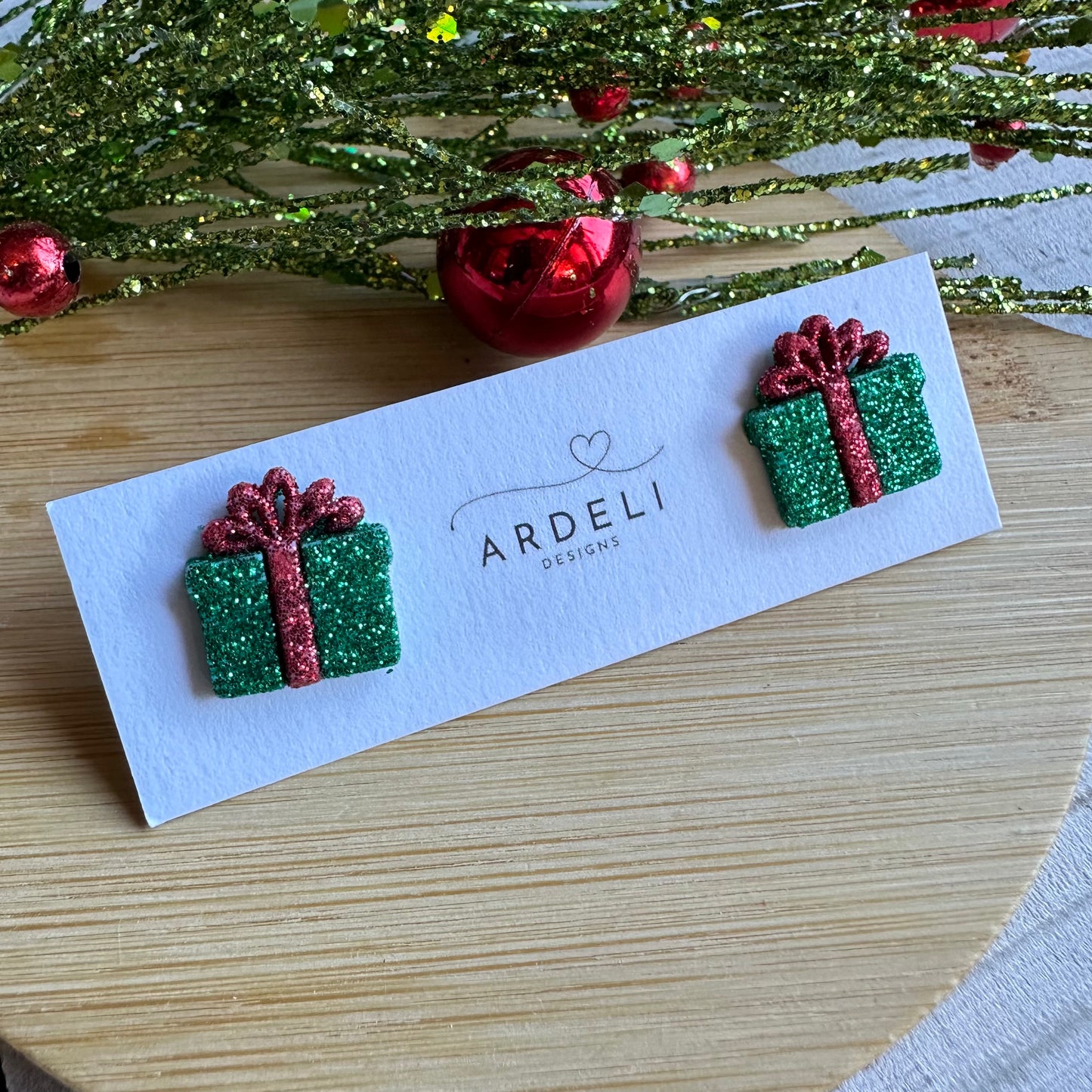 Green & Red Glitter Christmas Present Earring Studs