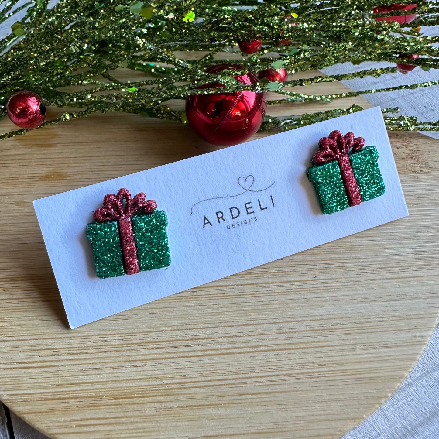 Green & Red Glitter Christmas Present Earring Studs