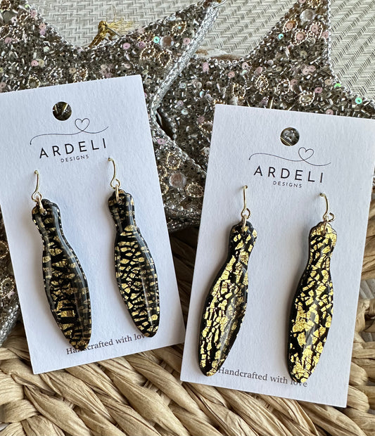 Black & Gold Polymer Clay Gold Hook Dangle Earrings