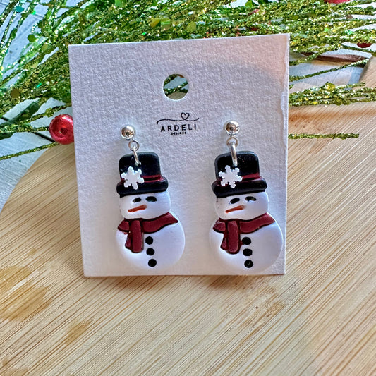 Handmade Polymer Clay Snowman Silver Ball Post Dangles Earrings