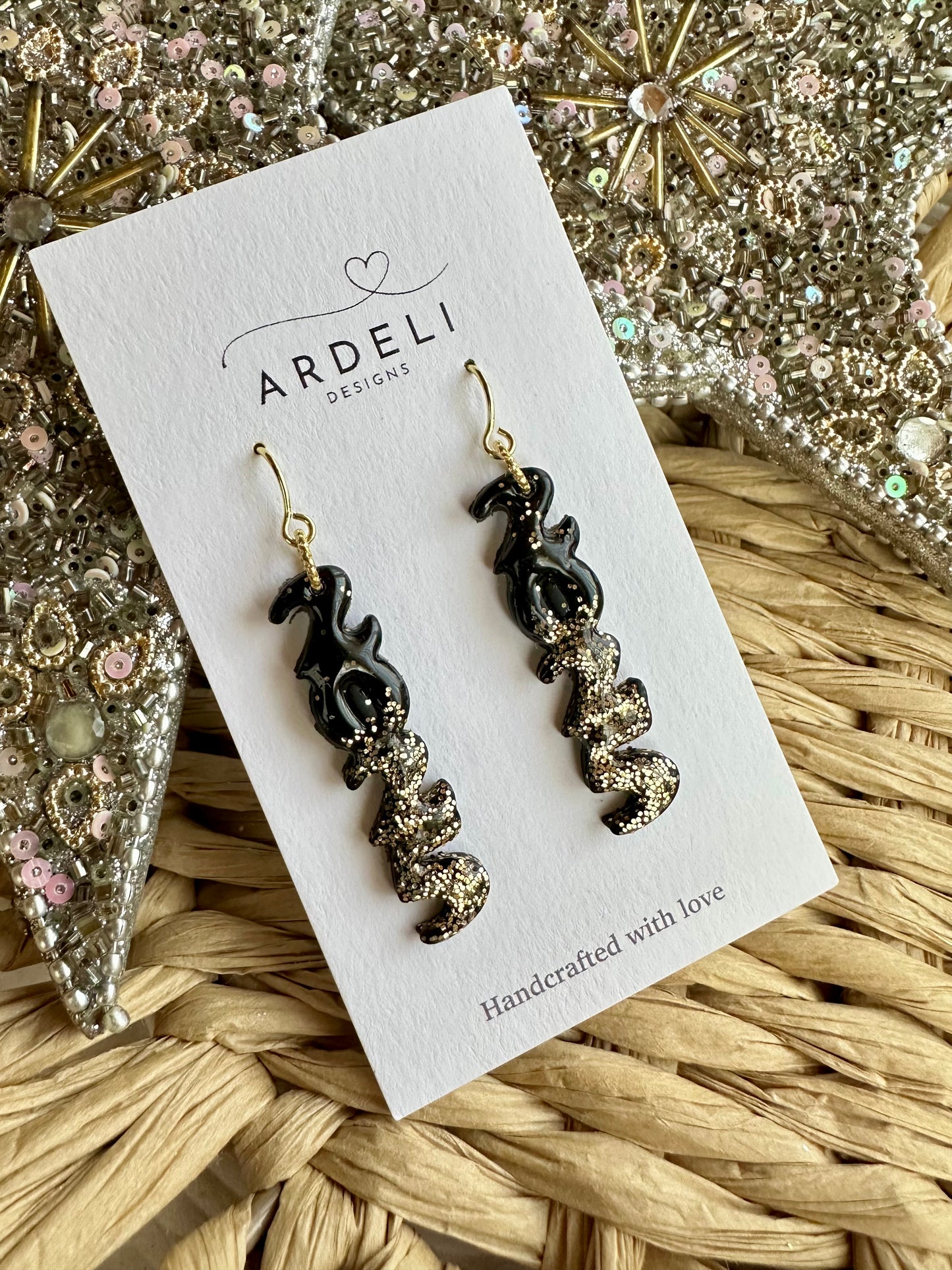 2025 Polymer Clay Black w/Gold Glitter Gold Hook Dangle Earrings
