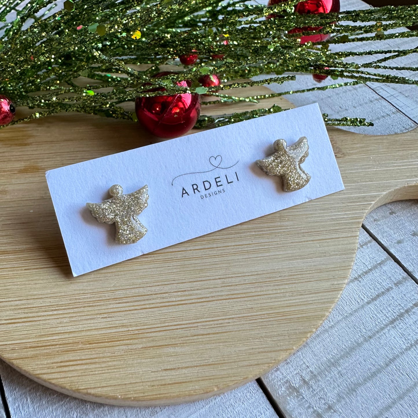 Handmade Polymer Clay Gold Glitter Angel Earring Studs