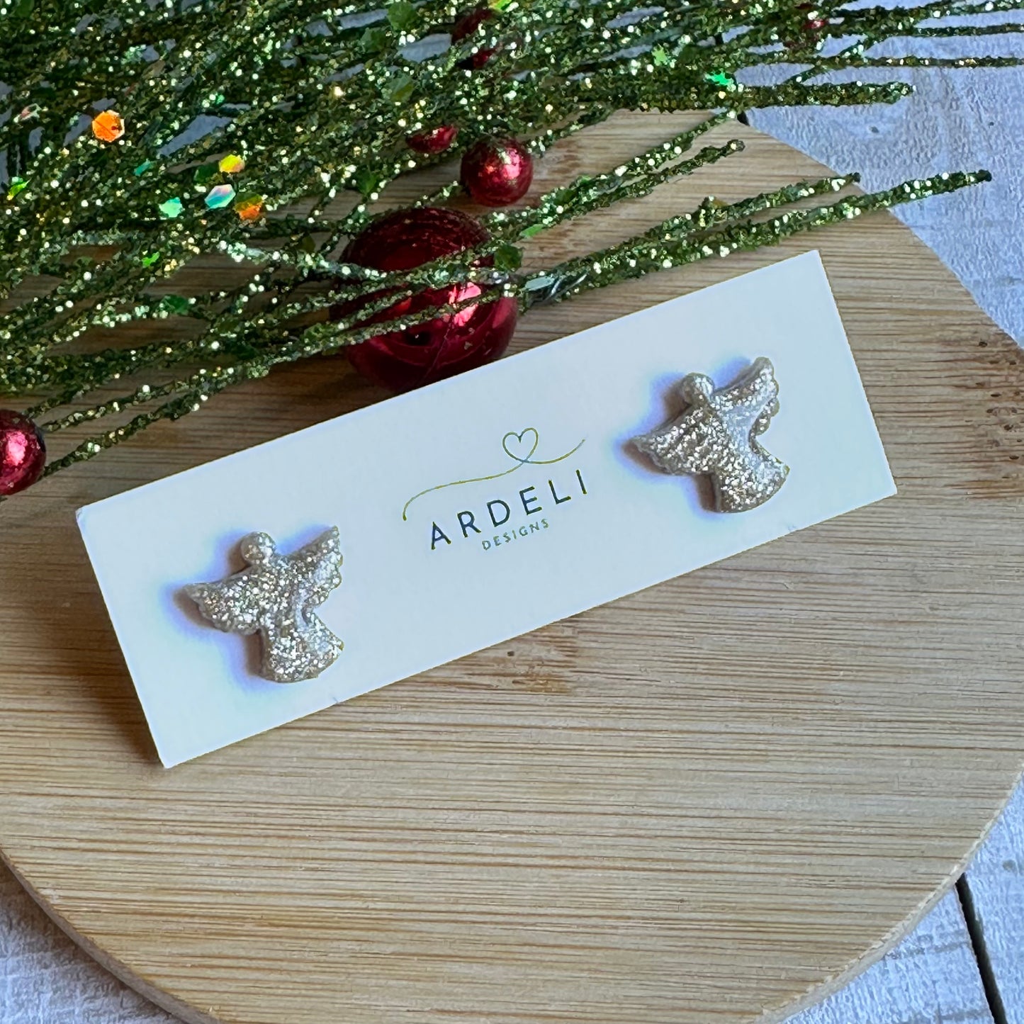 Handmade Polymer Clay Gold Glitter Angel Earring Studs