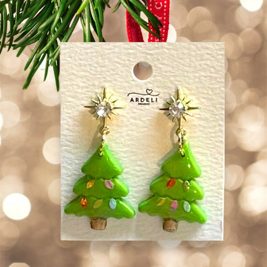 Handmade Polymer Clay Lights On Christmas Tree Gold Plated CZ Post Dangle Earrings