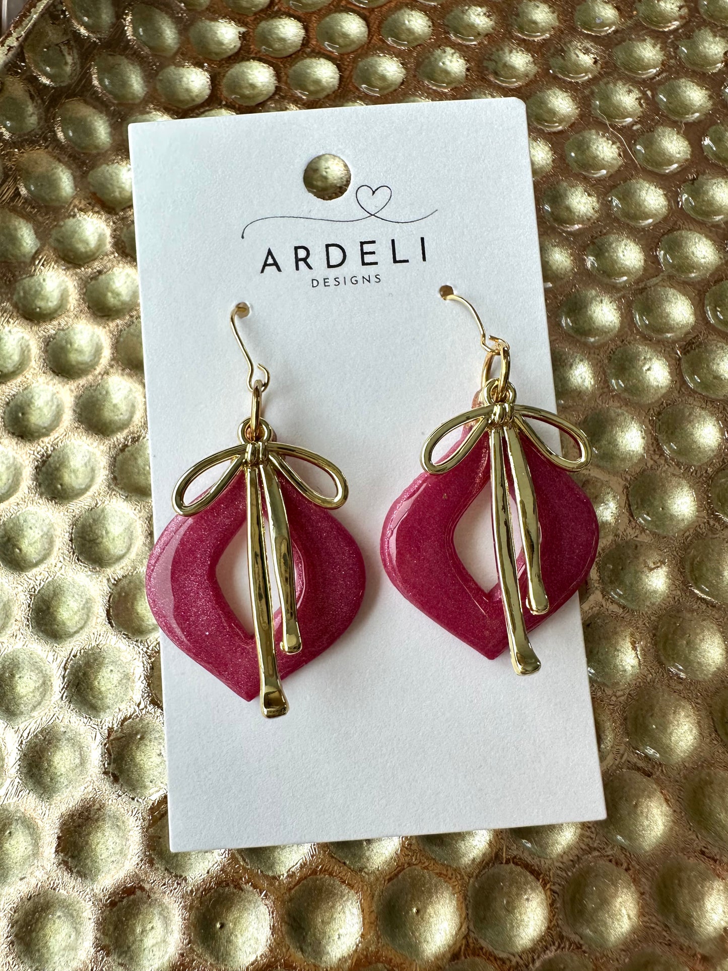 “Betty” Berry Pearl Ornament w/Gold Hook and Gold Bow Charm Dangle Earrings