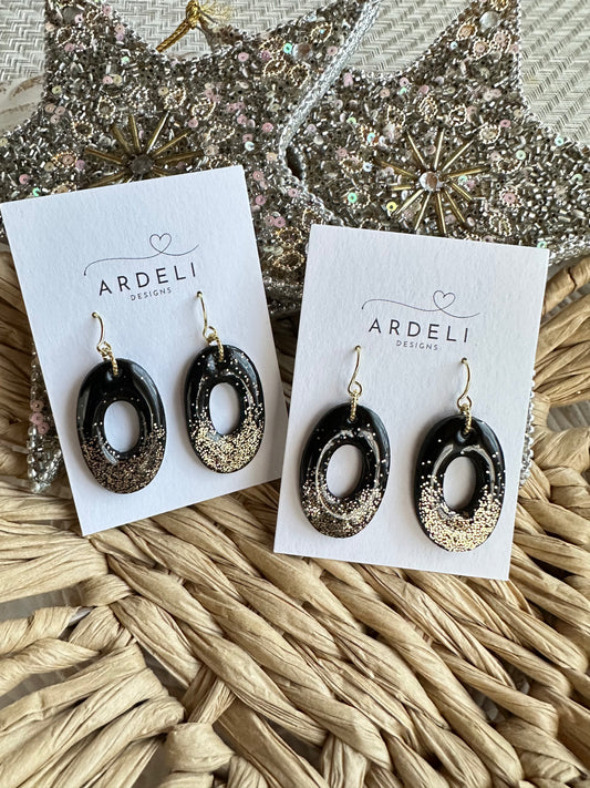 Black & Gold Donut Polymer Clay Gold Dangle Earrings