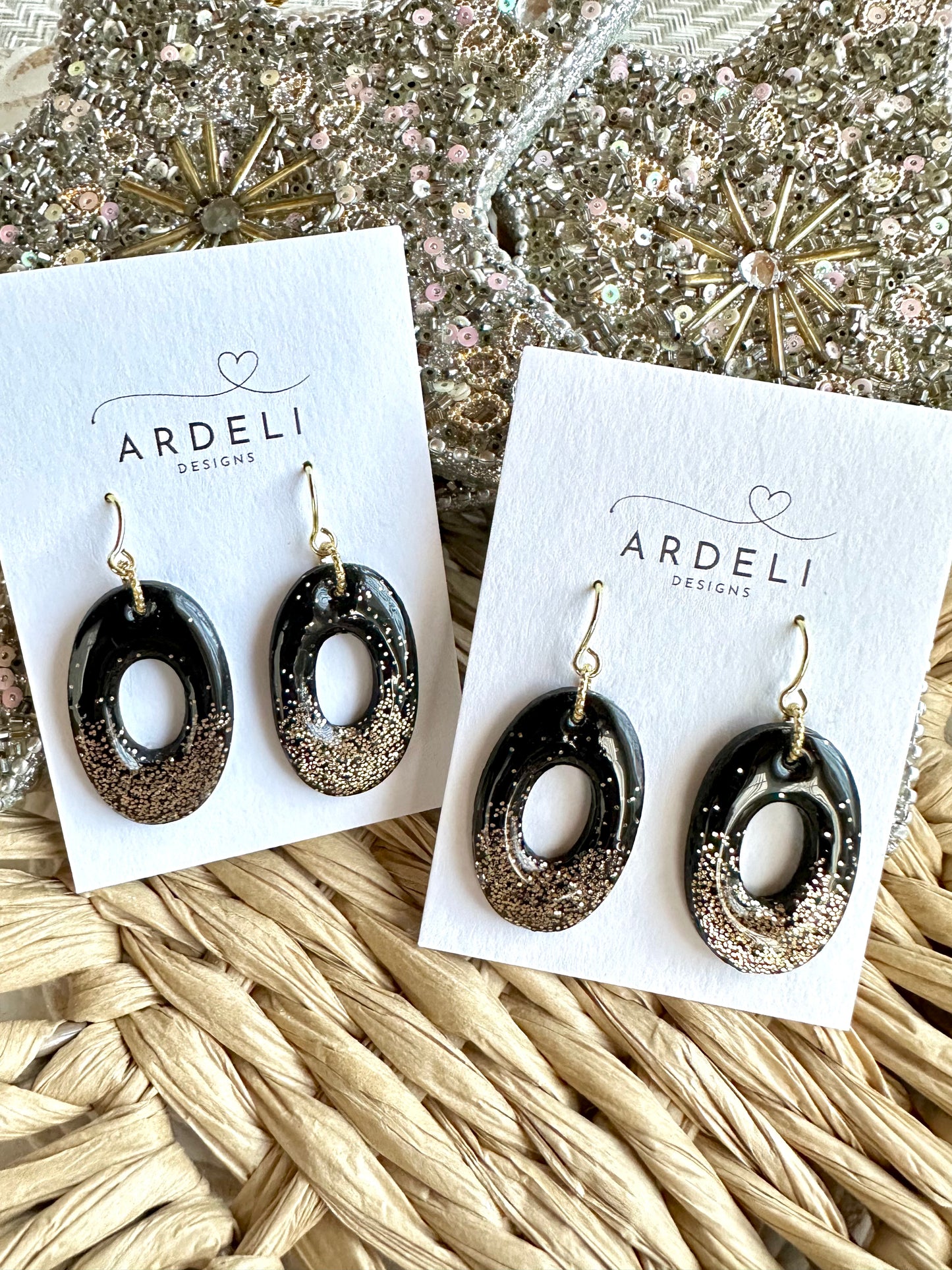 Black & Gold Donut Polymer Clay Gold Dangle Earrings