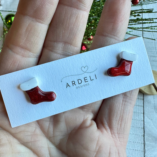Handmade Polymer Clay Red Shimmer Stocking Earring Studs