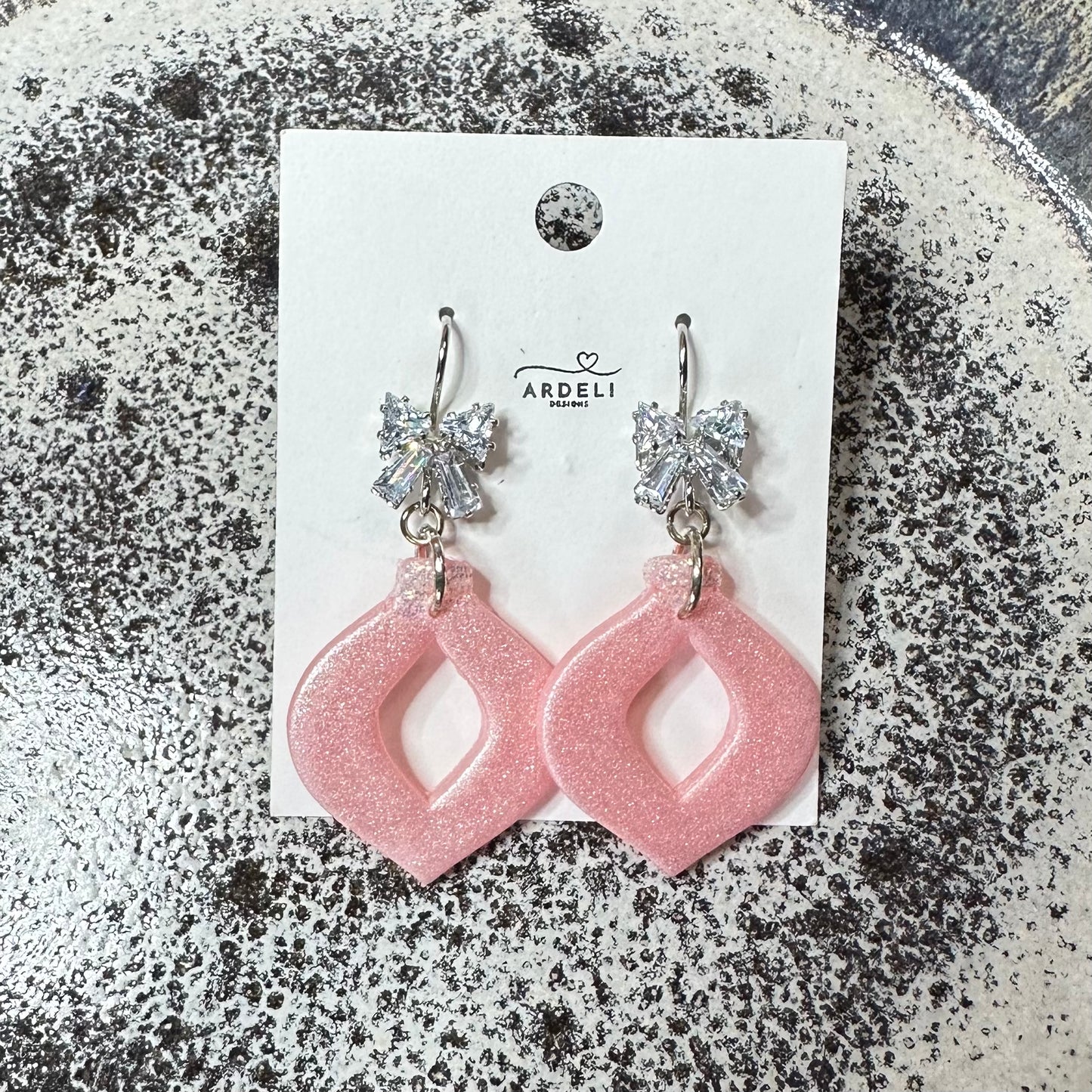 “Betty” Pink Pearl Polymer Clay Ornament w/Platinum CZ Bow French Hook Dangle Earrings