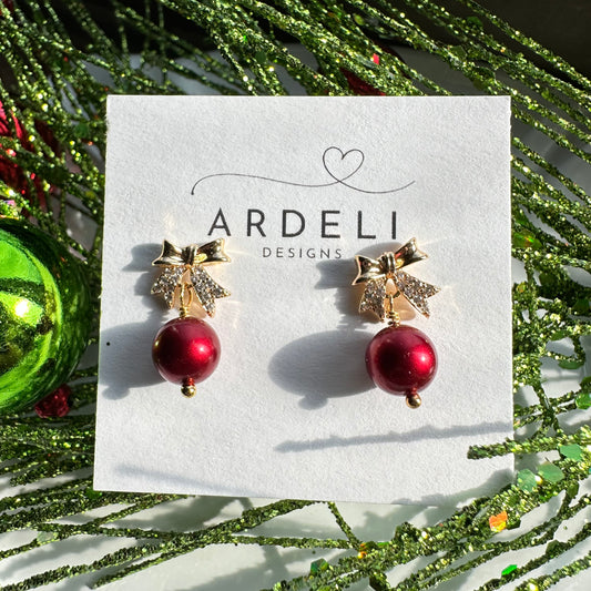 Holiday Cheer Gold Plated Bow Post with Red Pearl Dangle Earrings