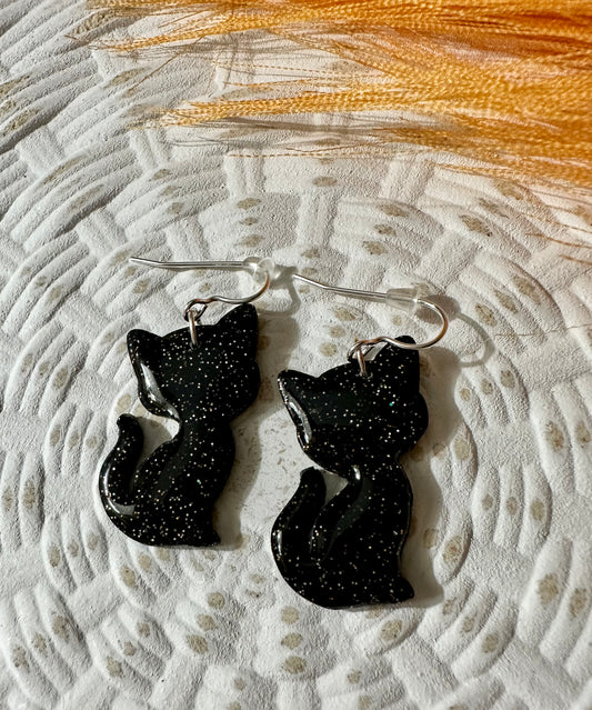 "Boos & Black Cats"  Black Cat Glittery Silver Dangle Earrings
