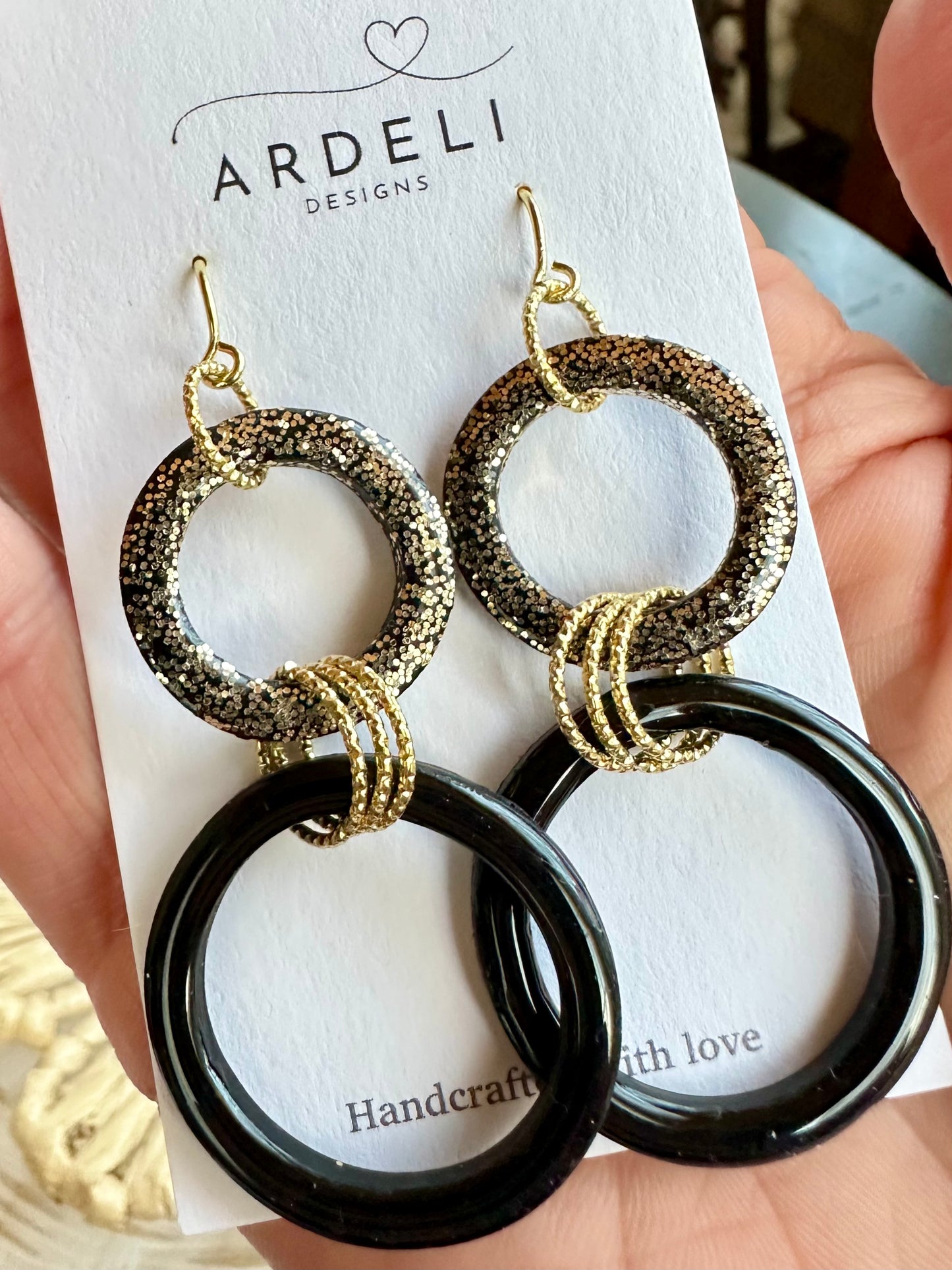 Black & Gold Rings 18K Gold Hook Dangle Earrings