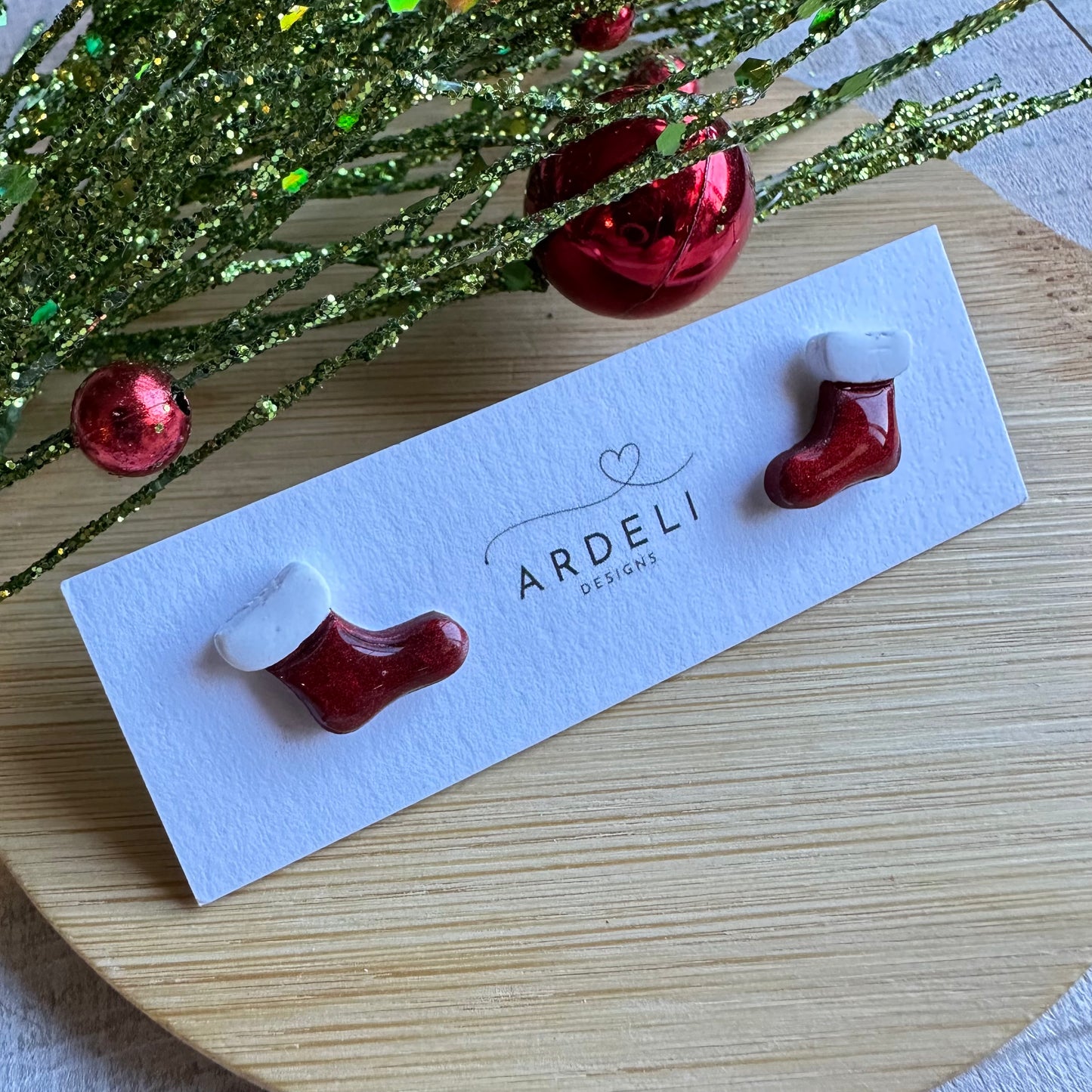 Handmade Polymer Clay Red Shimmer Stocking Earring Studs