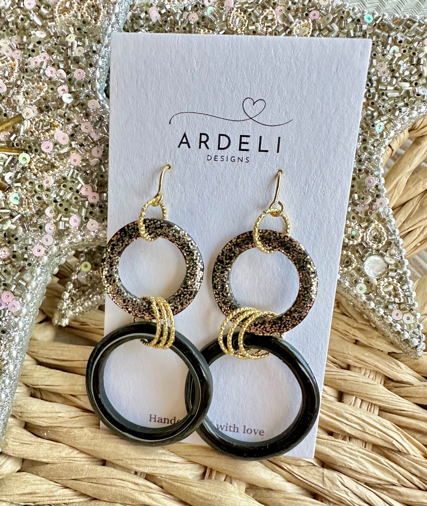 Black & Gold Rings 18K Gold Hook Dangle Earrings