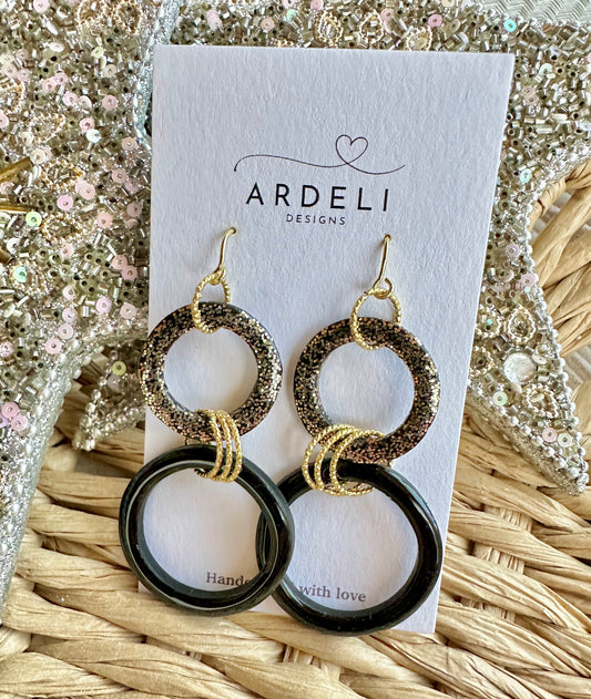 Black & Gold Rings 18K Gold Hook Dangle Earrings