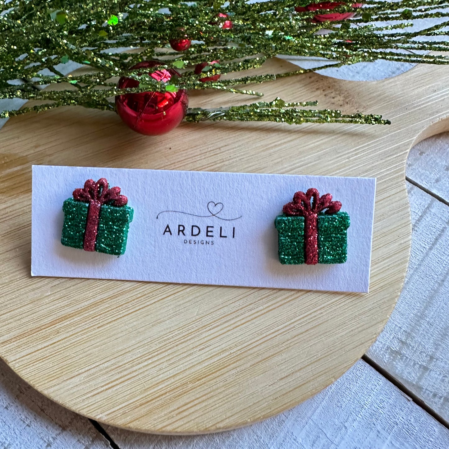 Green & Red Glitter Christmas Present Earring Studs