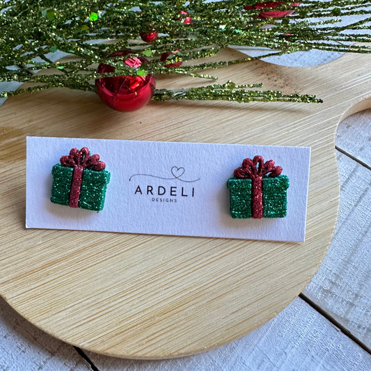 Green & Red Glitter Christmas Present Earring Studs