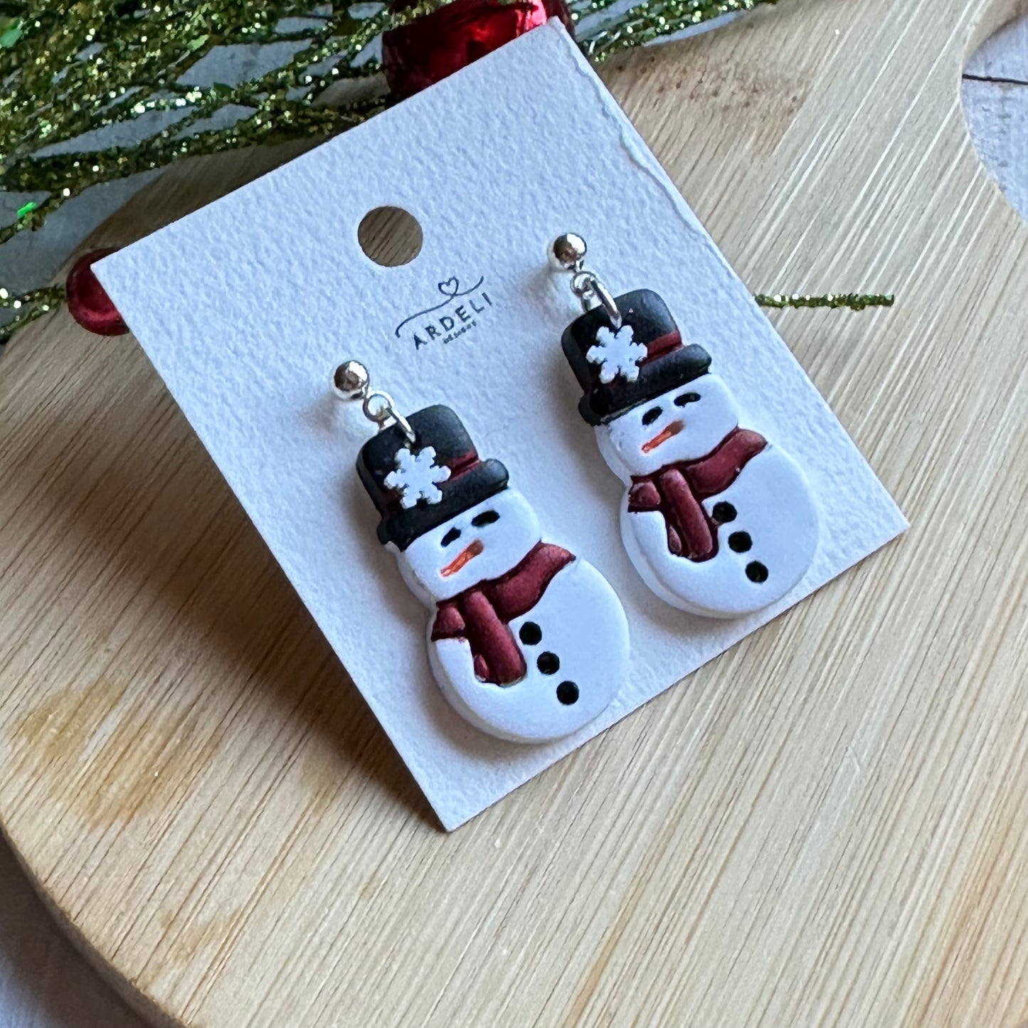 Handmade Polymer Clay Snowman Silver Ball Post Dangles Earrings