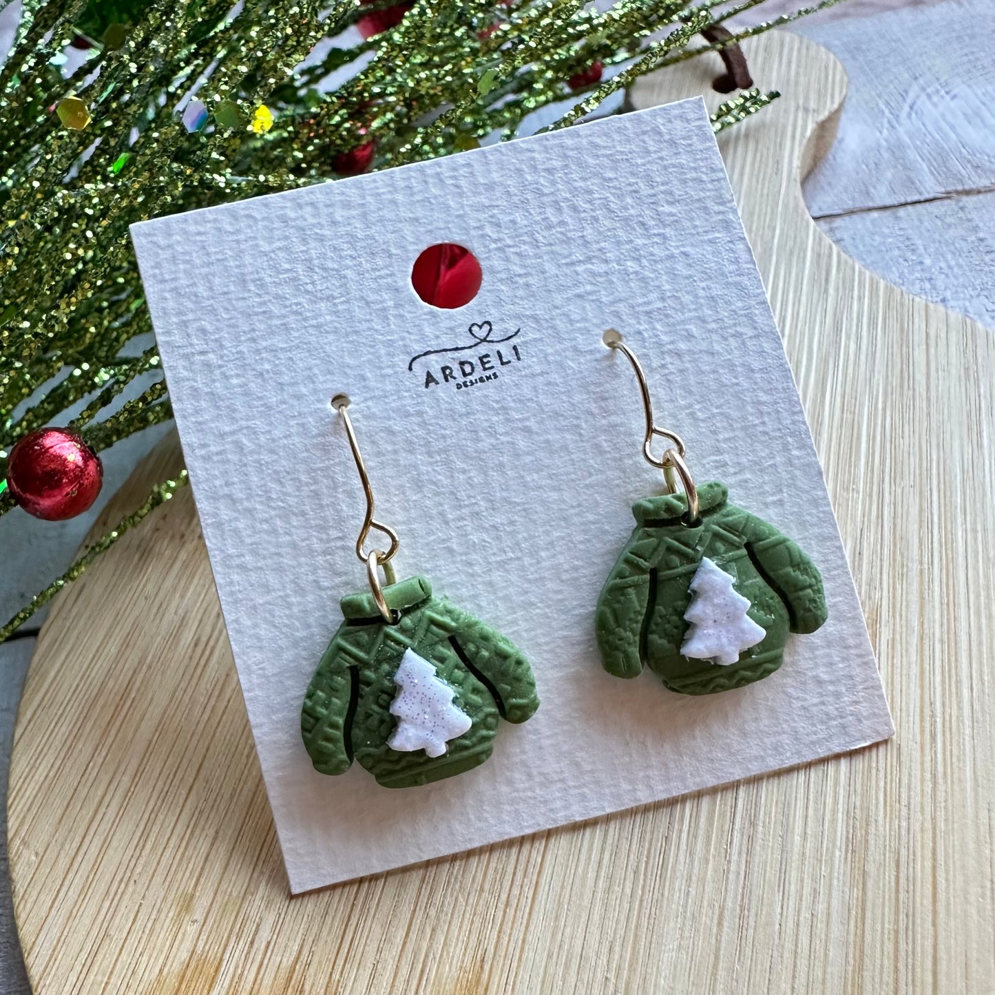 Handmade Polymer Clay Green Ugly Sweater Gold Hook Dangle Earrings