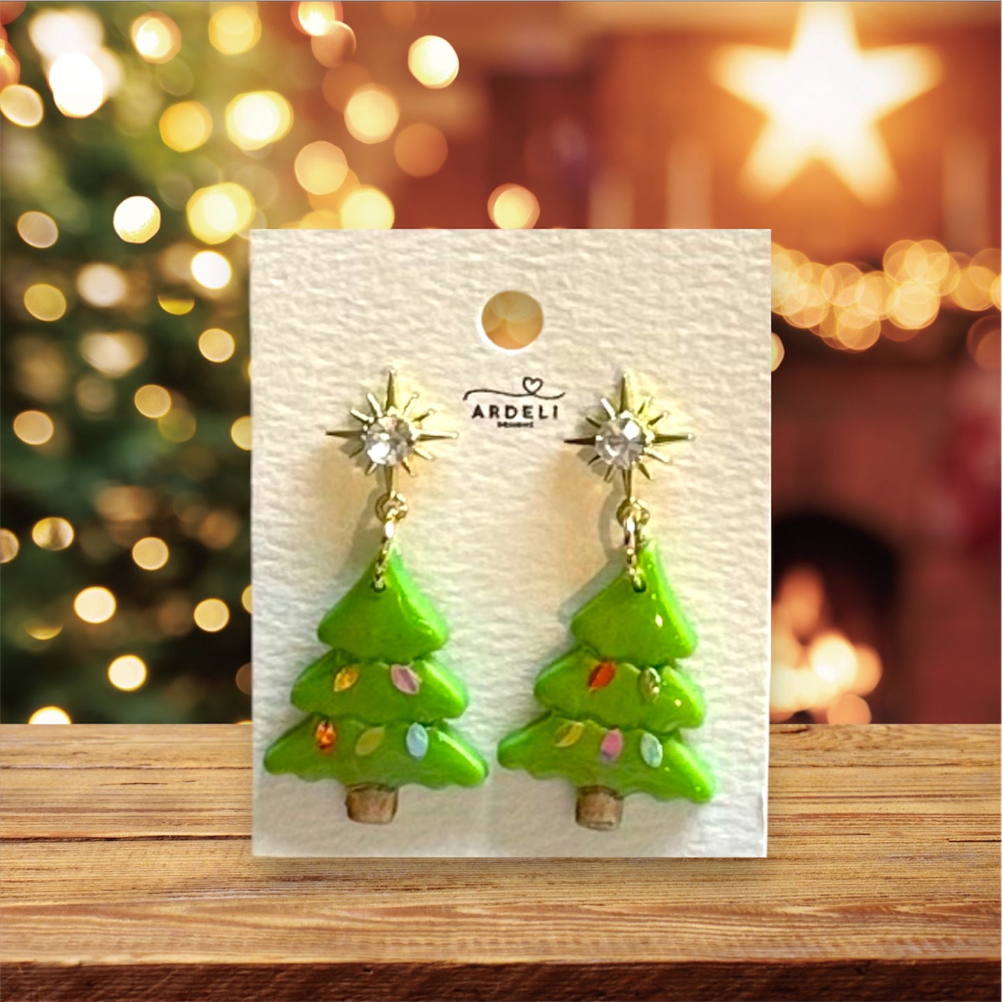 Handmade Polymer Clay Lights On Christmas Tree Gold Plated CZ Post Dangle Earrings