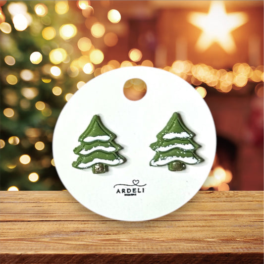 Handmade Polymer Clay Snow Covered Tree Gold Plated Post Earring Studs
