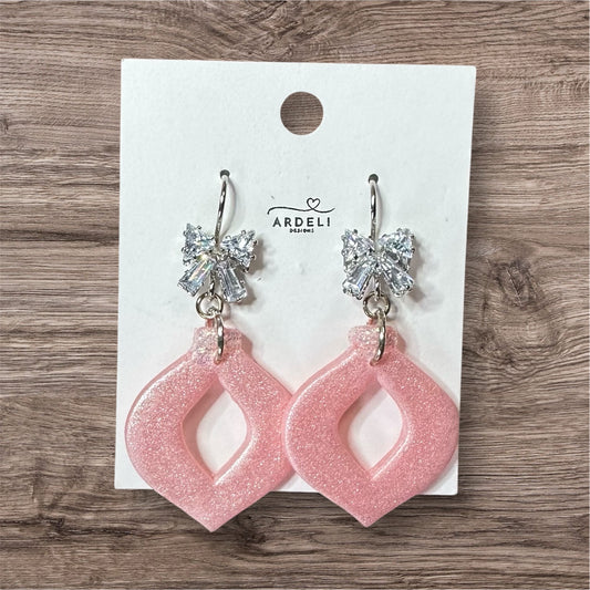 “Betty” Pink Pearl Polymer Clay Ornament w/Platinum CZ Bow French Hook Dangle Earrings