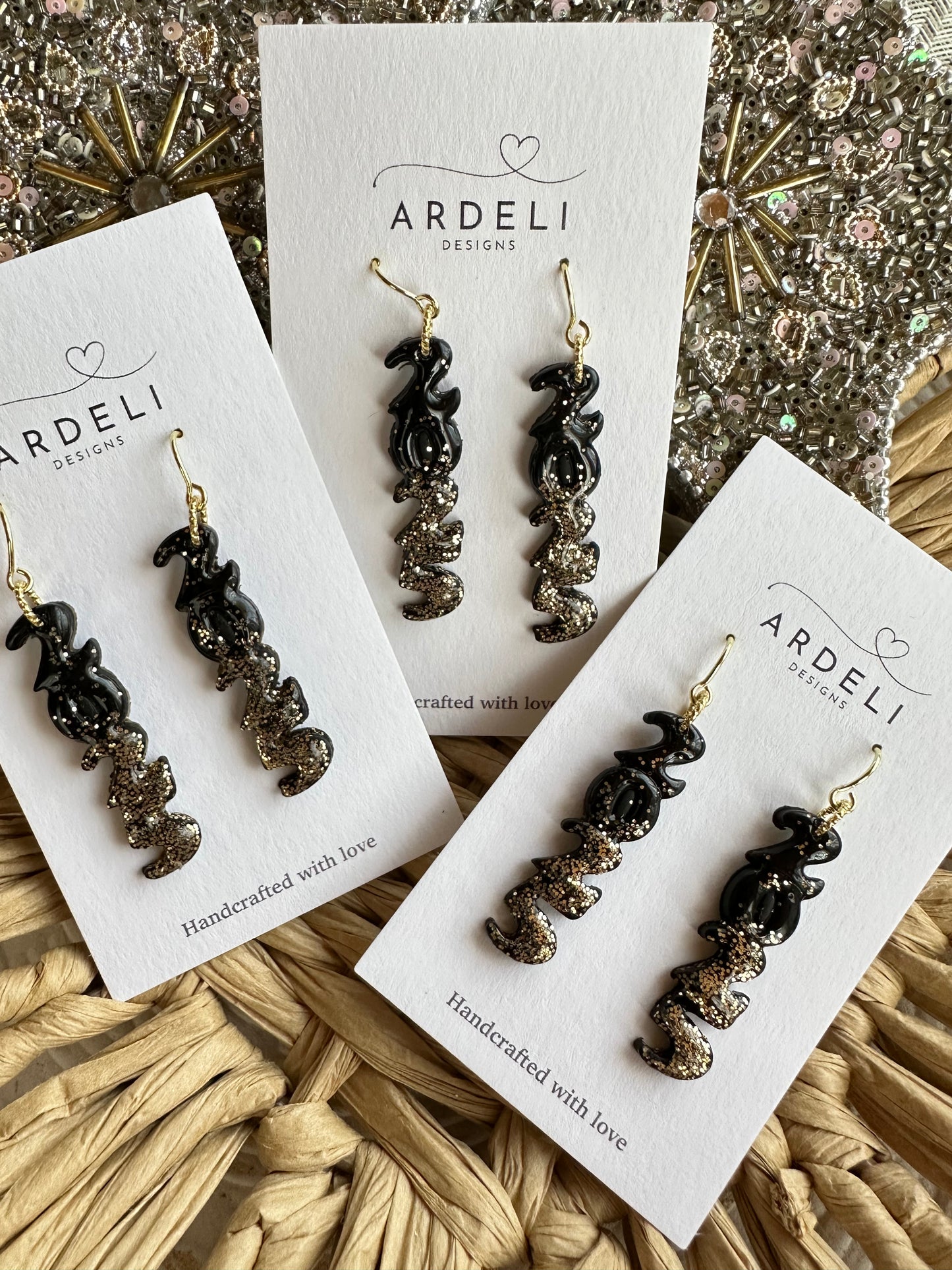 2025 Polymer Clay Black w/Gold Glitter Gold Hook Dangle Earrings