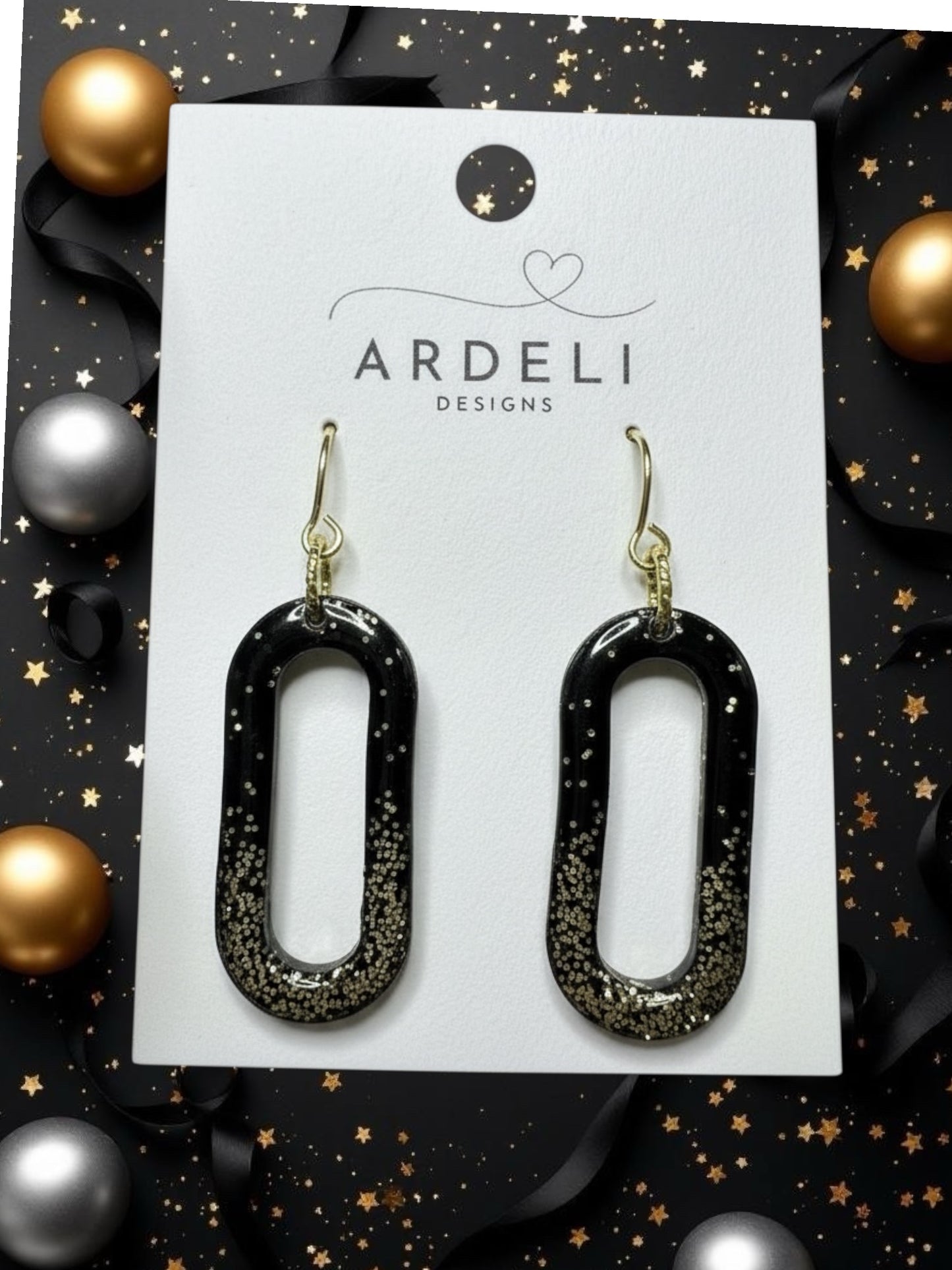 Black & Gold Donut Polymer Clay Gold Dangle Earrings