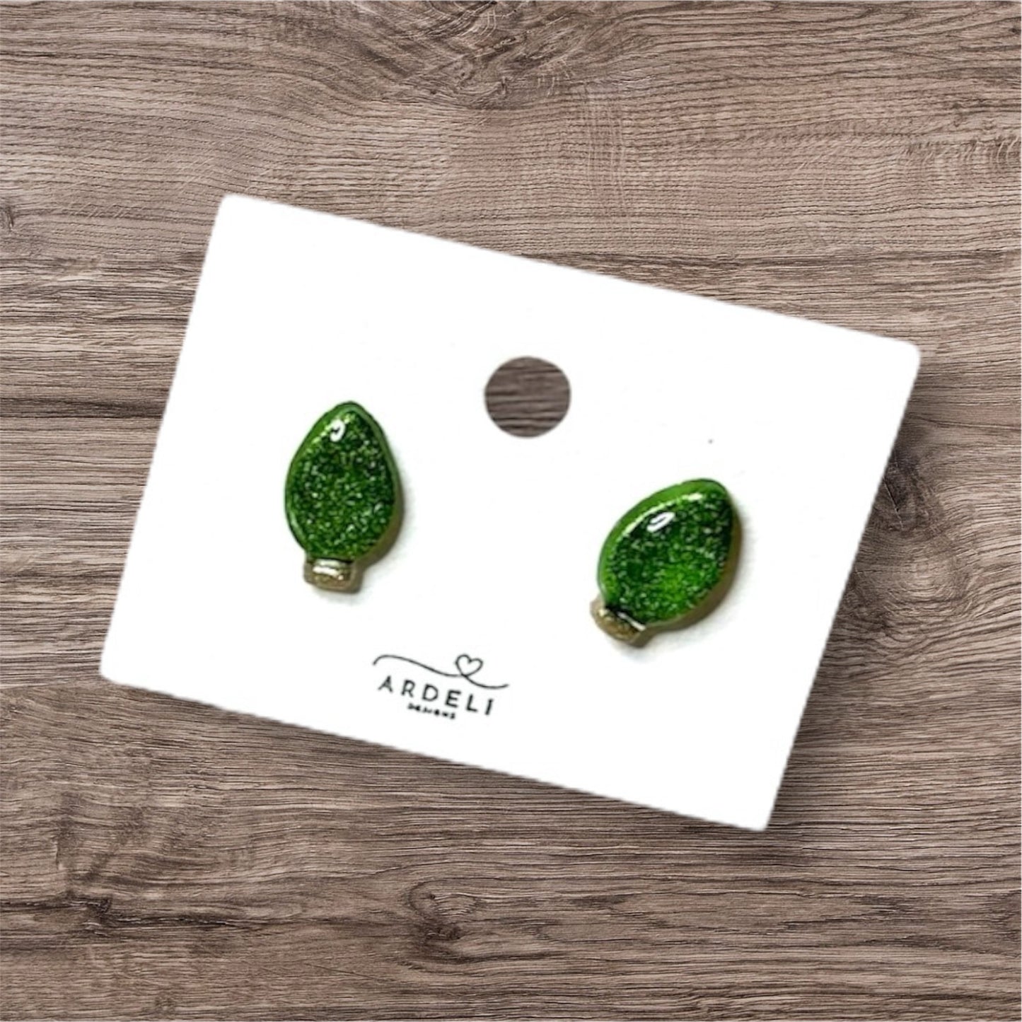 Handmade Christmas Light Bulb Green Shimmer Polymer Clay Earring Studs