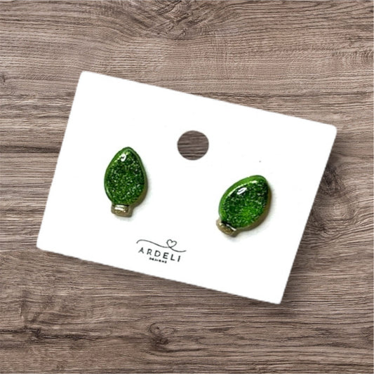 Handmade Christmas Light Bulb Green Shimmer Polymer Clay Earring Studs