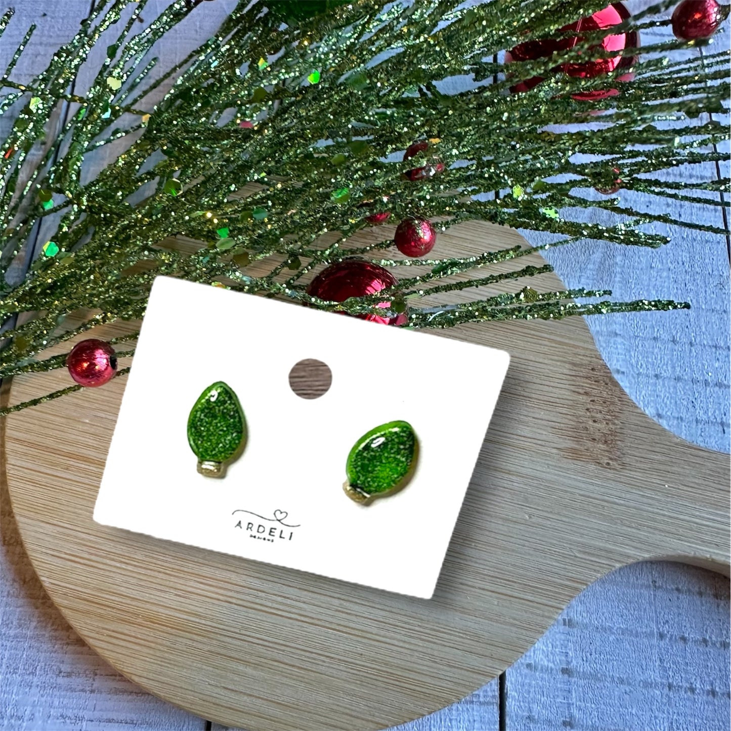 Handmade Christmas Light Bulb Green Shimmer Polymer Clay Earring Studs