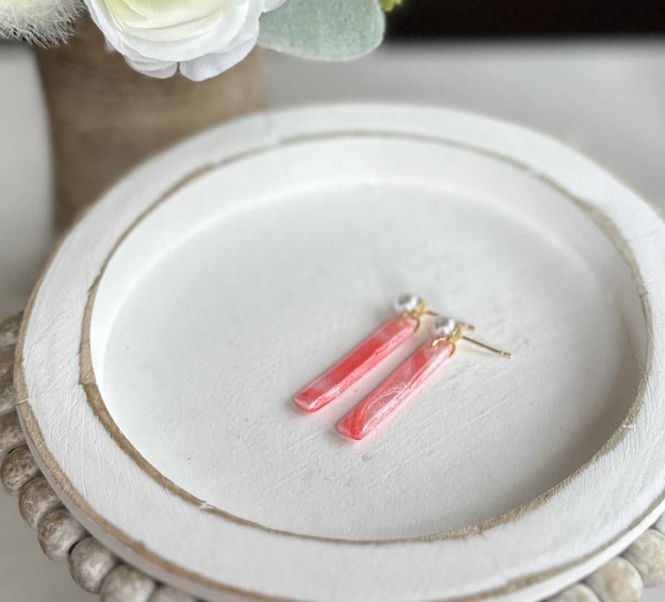 “Coral Quartz" Thin Rectangle Handmade Polymer Clay Faux Pearl Dangle Gold Plated Stud Earrings