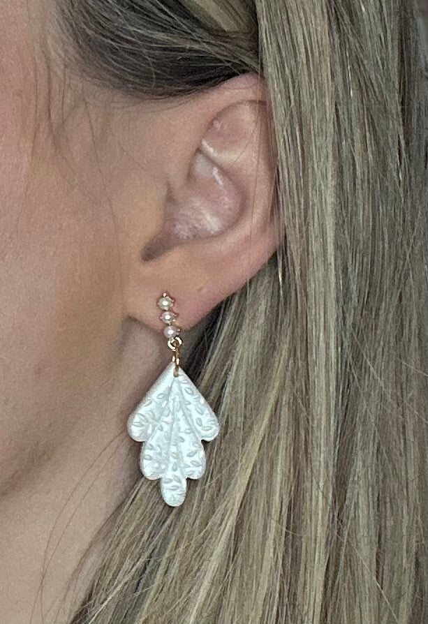 “Lily of the Valley” White Polymer Clay Gold Plated Pearl Dangle Post Earrings