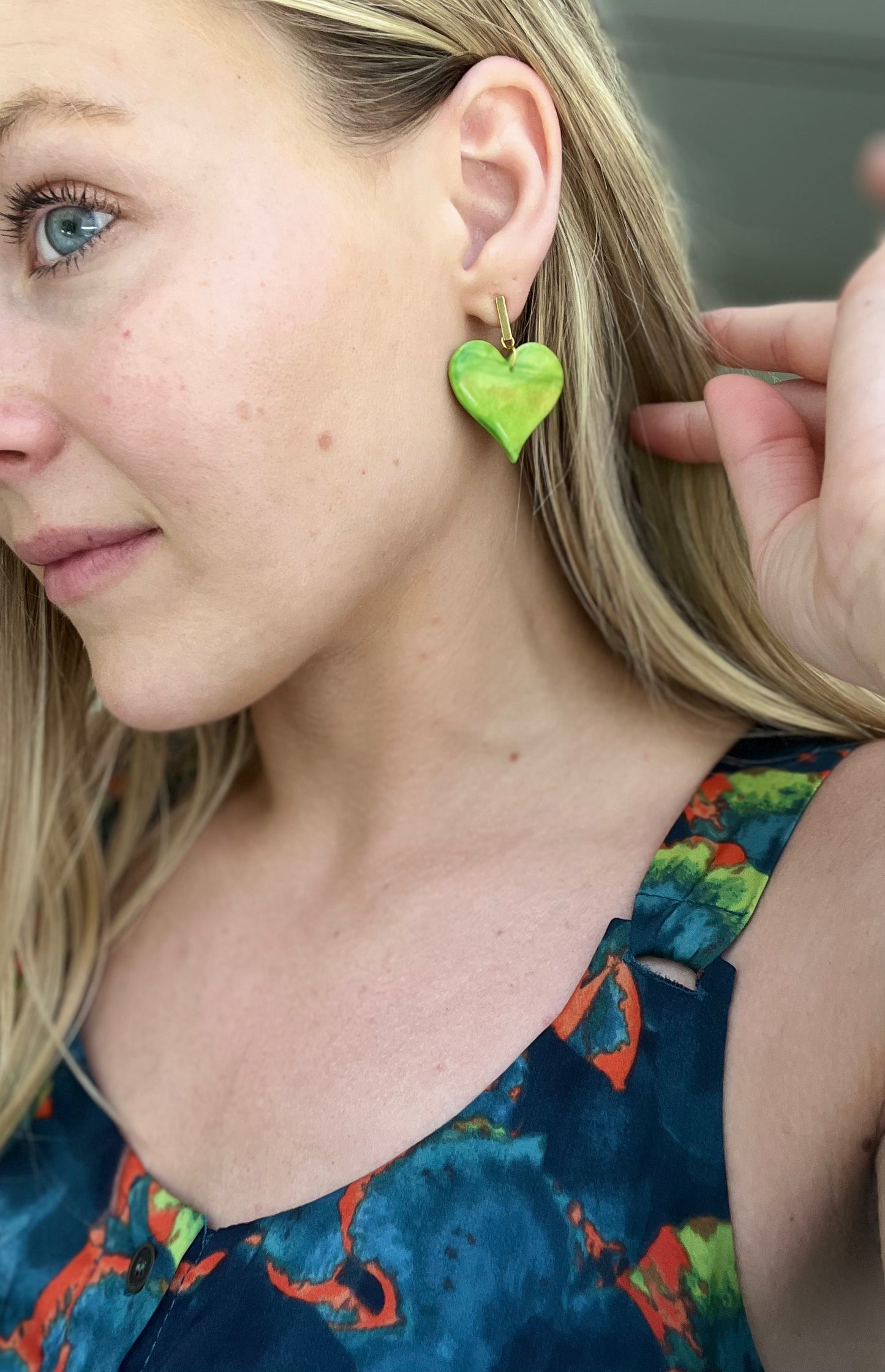“Kiwi” Handmade Polymer Clay Heart Gold Plated Stud Dangle Earrings