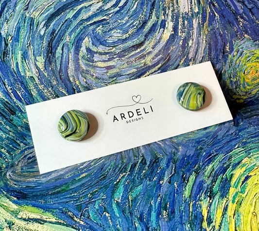 “A Starry Night” Handmade Polymer Clay Round Stud Earrings