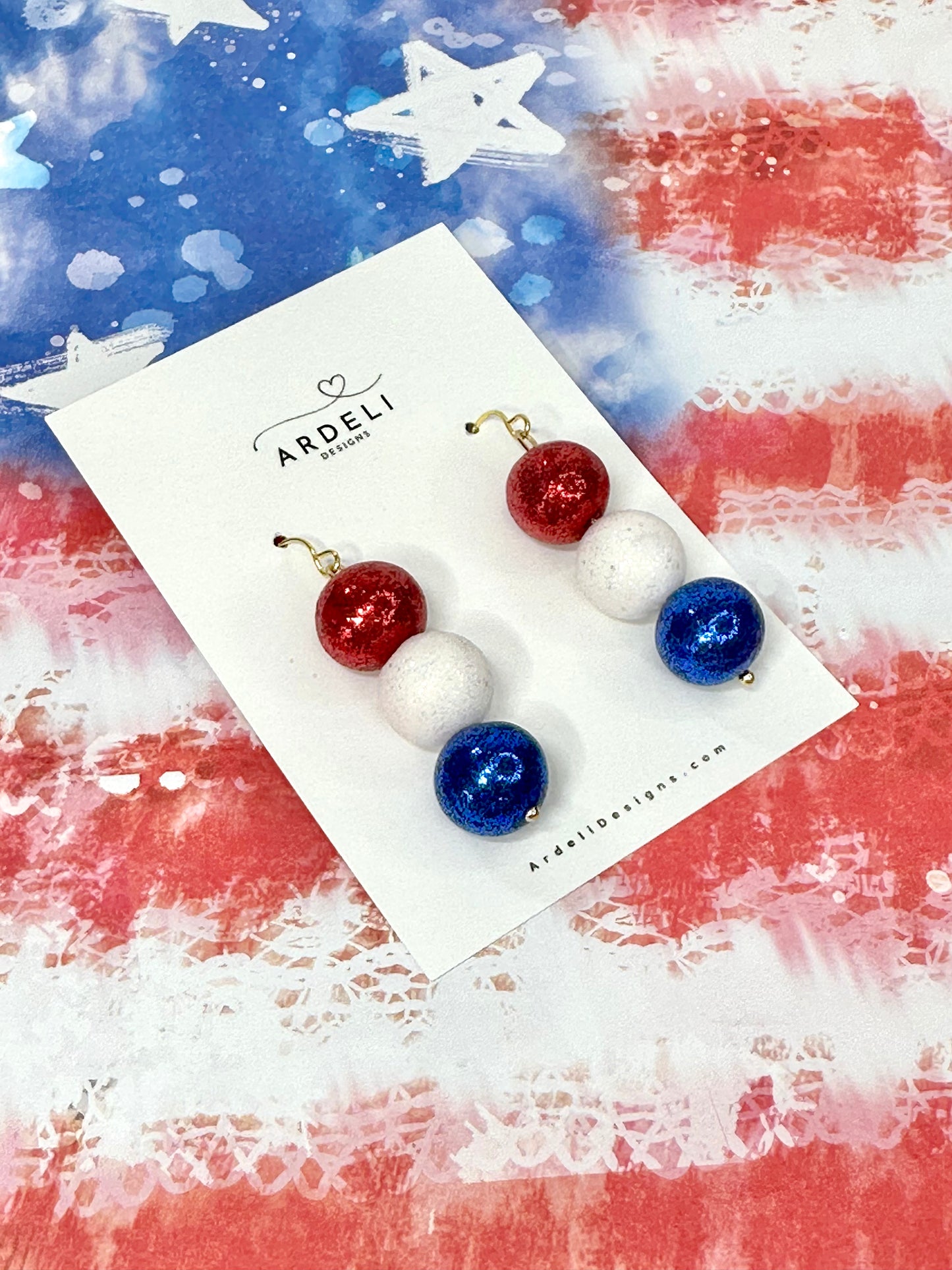 "USA" Red, White and Blue Clay Bead Dangle Drop Earrings