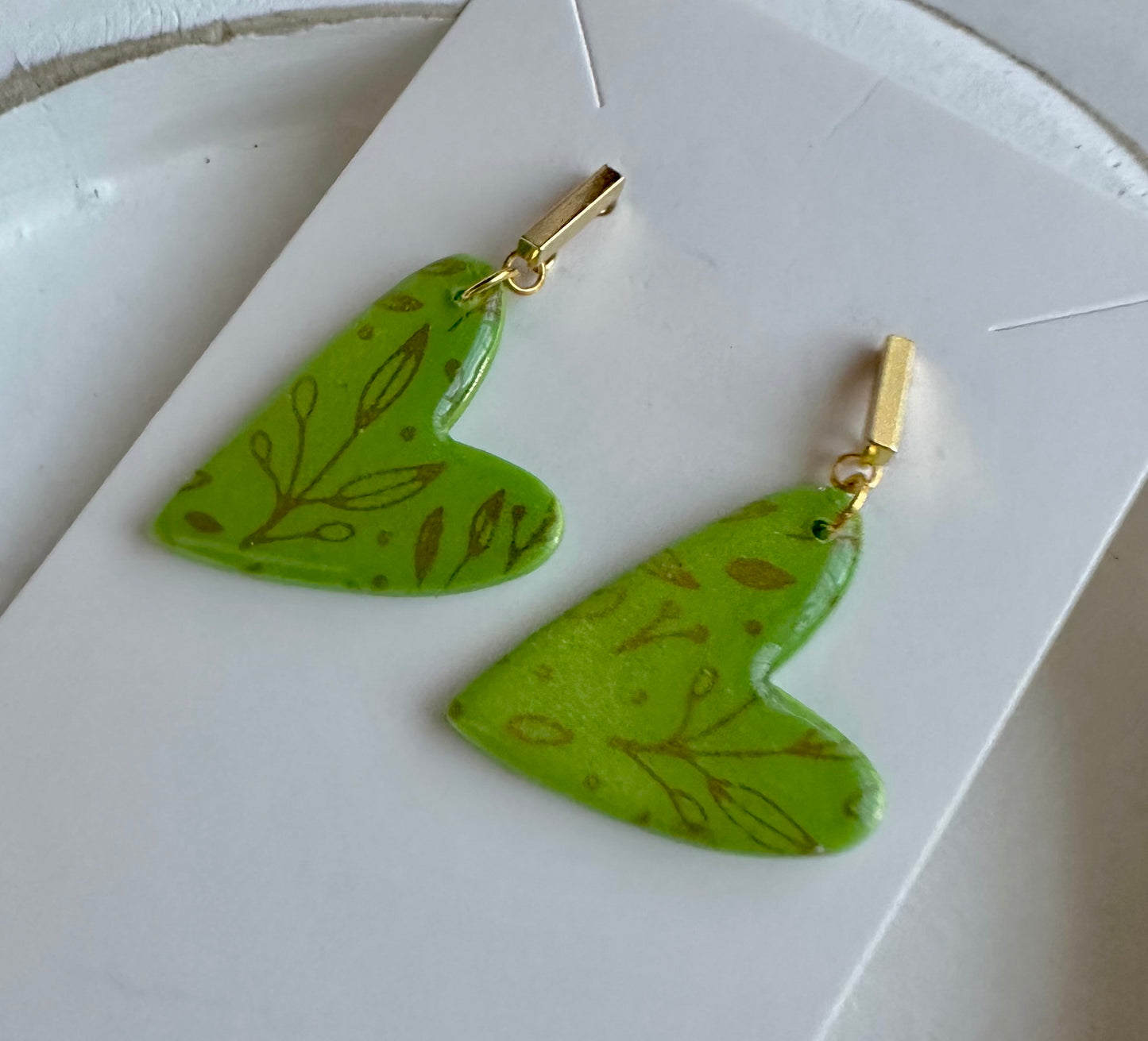 “Kiwi” Handmade Polymer Clay Heart Gold Plated Stud Dangle Earrings