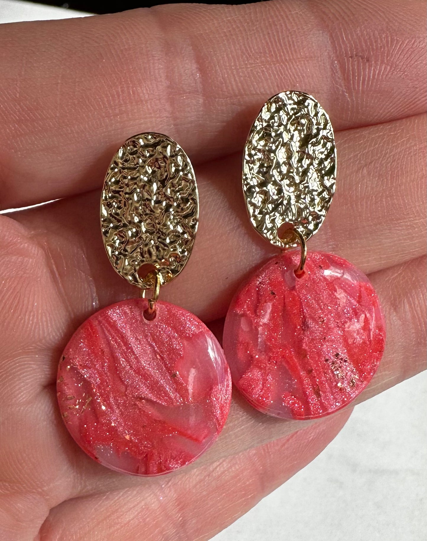 “Coral Quartz" Handmade Polymer Clay Dangle 16K Gold Plated Oval Stud Earrings