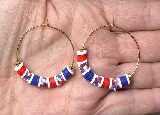"Red, White and Blue" Gold Plated Hoop Earrings Large