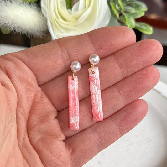 “Coral Quartz" Thin Rectangle Handmade Polymer Clay Faux Pearl Dangle Gold Plated Stud Earrings