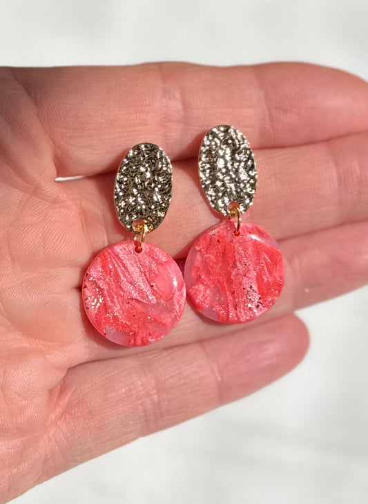 “Coral Quartz" Handmade Polymer Clay Dangle 16K Gold Plated Oval Stud Earrings