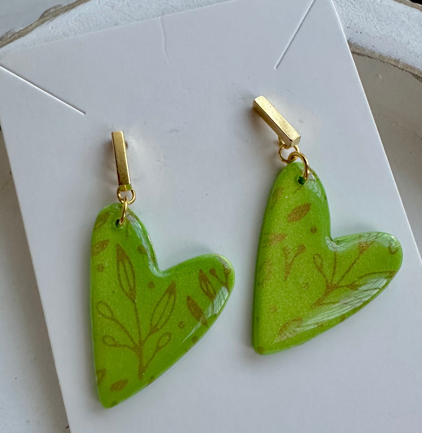“Kiwi” Handmade Polymer Clay Heart Gold Plated Stud Dangle Earrings
