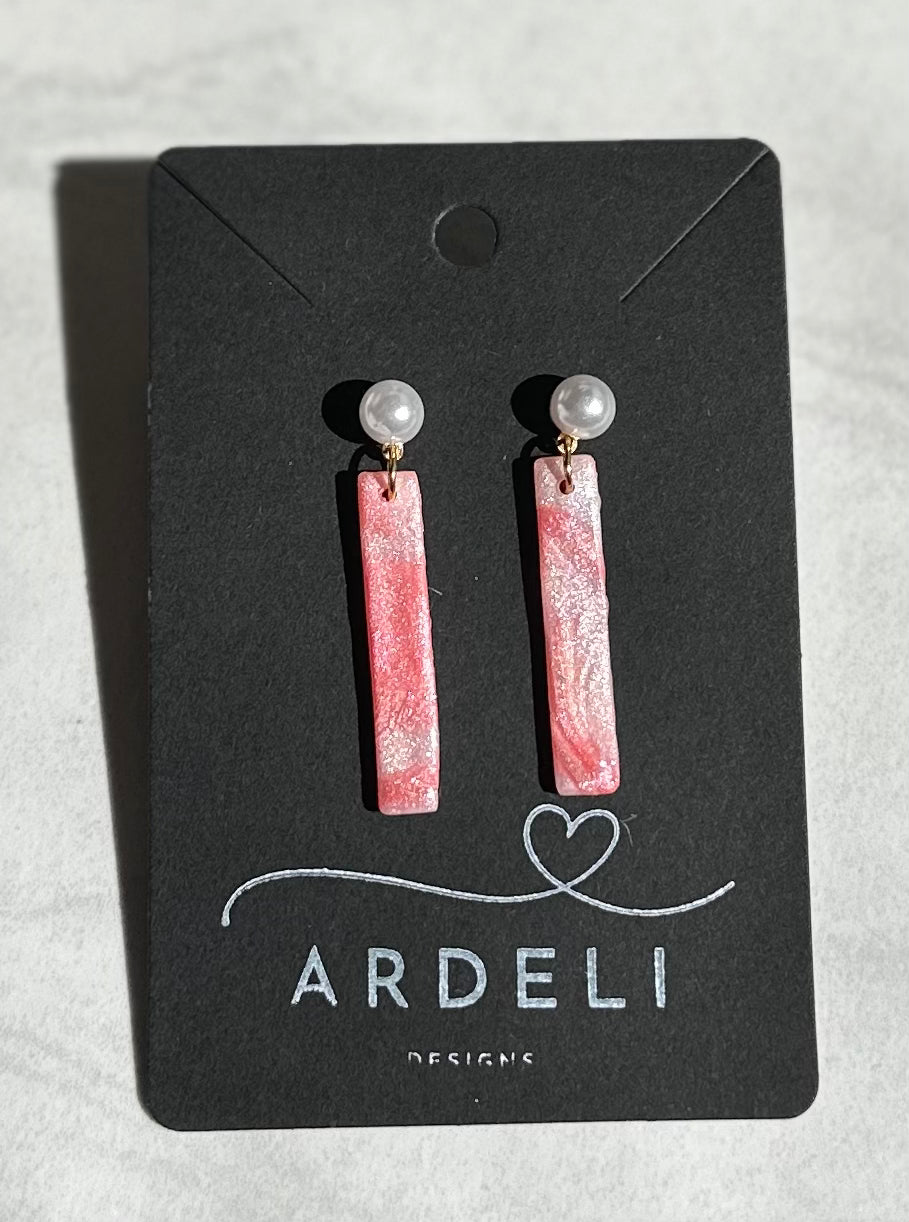 “Coral Quartz" Thin Rectangle Handmade Polymer Clay Faux Pearl Dangle Gold Plated Stud Earrings